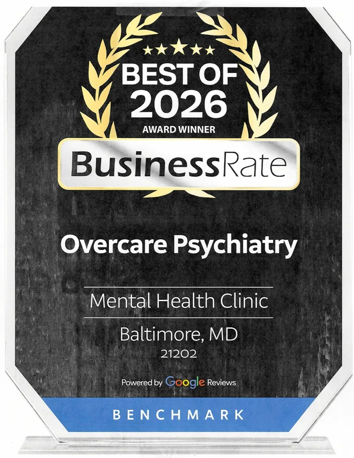 BusinessRate Best of 2026 Award Winner certificate for Overcare Psychiatry, Mental Health Clinic in Baltimore, MD