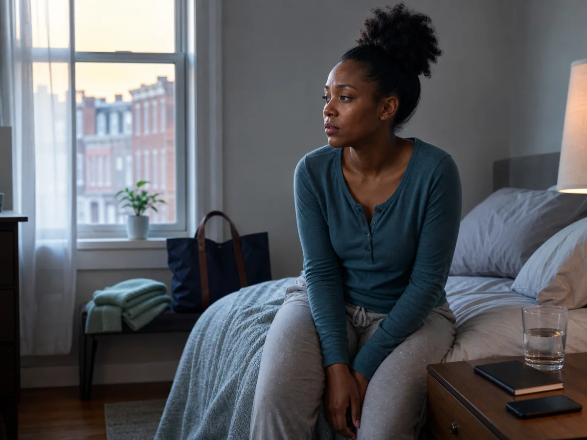 Woman sitting at the edge of her bed after anxiety disrupted her sleep