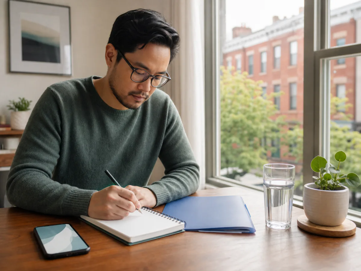 Patient writing questions before a first psychiatry appointment