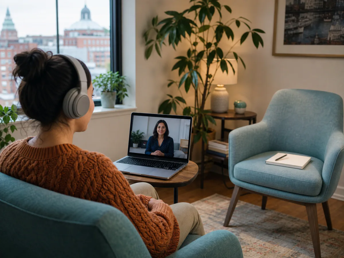 Patient using online psychiatry beside an in-person consultation chair