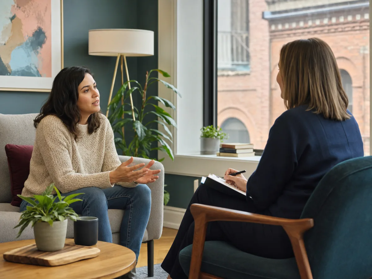 Patient discussing when to seek psychiatry support with a mental health clinician